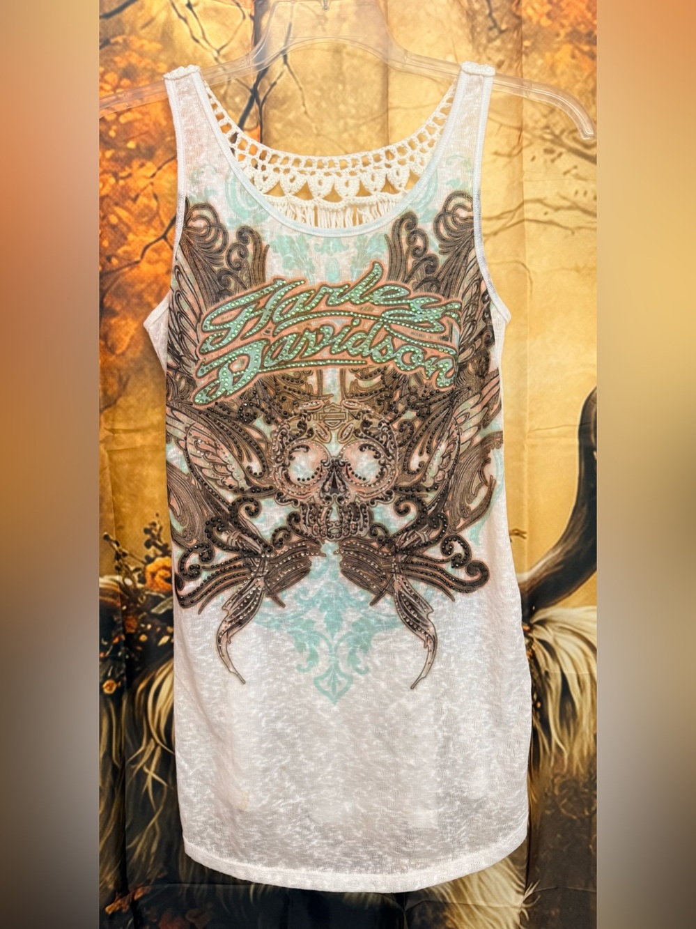 Harley-Davidson White Tank with Mint Logo and Brown Ornate Skull